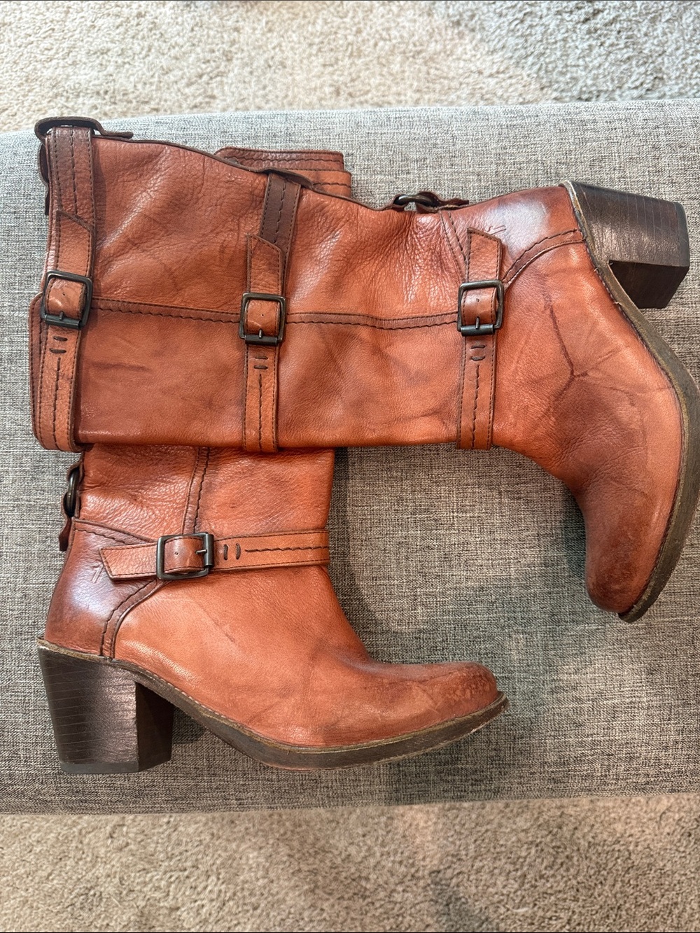 Frye Women's Leather Mid-Calf Heeled Boots in Rustic Cognac